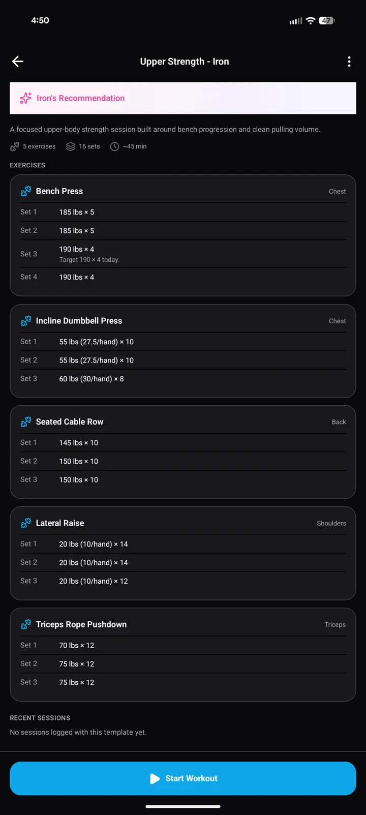 An example workout proposed by Iron, showing bench press sets and targets for the next session.